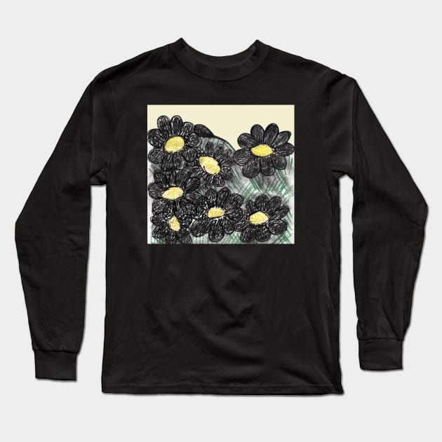 Botanical illustration with daisies. Hand painting, naturalistic black-yellow flowers. Summer print. Design for fabric, textile, packaging, flower shop, website, floristry. Long Sleeve T-Shirt by Olesya Pugach